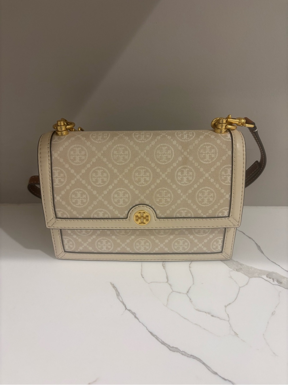Tory Burch Beige Logo-Print Shoulder Bag with Gold Hardware